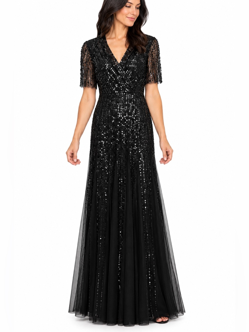 New Adrianna Papell Black Beaded Sequin Evening Gown Formal Dress Size 12 Gala